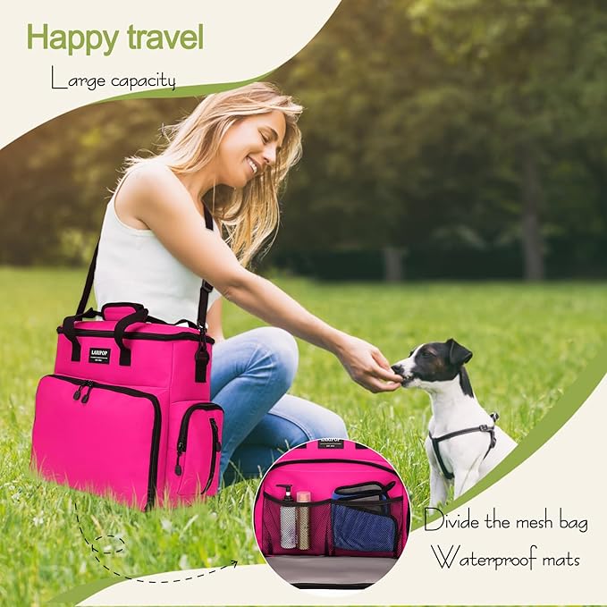 Dog Travel Bag,Weekend Pet Travel Bag Set for Dog and Cat,Airline Approved Tote Multi-Function Dog Bags for Traveling,Include 2 Collapsible Bowls,2 Food Storage Containers,1 Feeding Mat,Red-PawvioPets