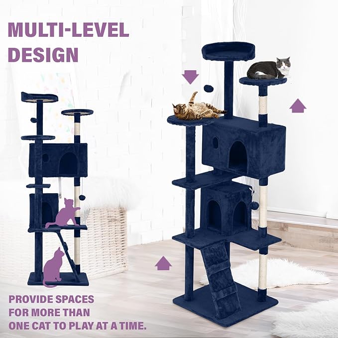 70 Inches Multi-Level Cat Tower for Indoor Cats - XL Tree Climbing Condo With Scratching Posts and Hanging Toys, Navy Blue-PawvioPets