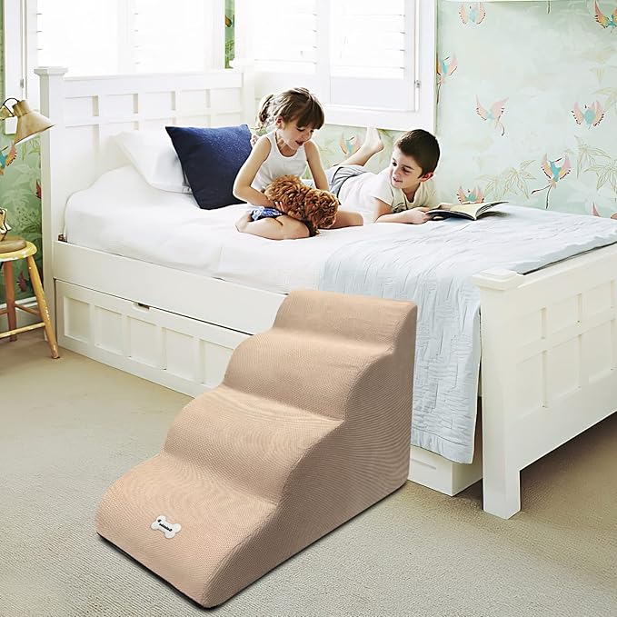 Dog Stairs, 4-Step Non-Slip Pet Ramp, High Resilience Sponge, Pink-PawvioPets