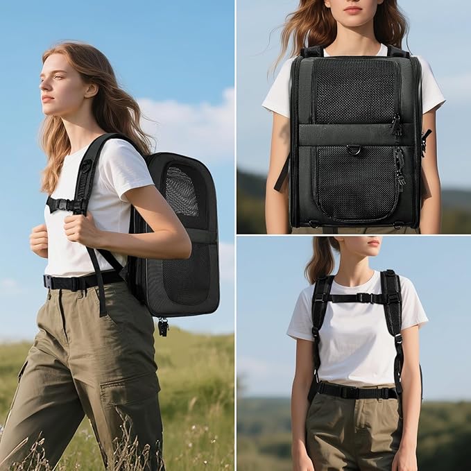 Apollo Walker Pet Carrier Backpack for Large/Small Cats and Dogs, Puppies, Safety Features and Cushion Back Support for Travel, Hiking, Outdoor Use (Black-Expandable)-PawvioPets