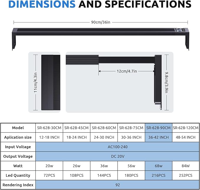 24/7 LED Aquarium Light for 36-42 Inch Fish Tank, Auto On Off with Timer, 9 Colors, Adjustable Brightness, Daylight Moonlight Mode, Full Spectrum Fish Tank Light for Plants, 68W-PawvioPets