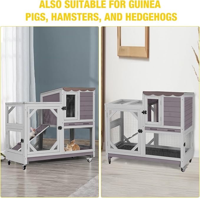 AIVITUVIN 2-Story Rabbit Hutch Indoor for 2-4 Rabbits & Guinea Pigs Wooden Small Animal Cage Guinea with Chew-Proof Design & Slide-Out Trays Bunny Cage with Lockable Wheels-PawvioPets