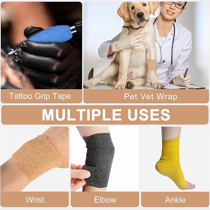 24 Pack Self Adhesive Bandage Wrap, 4” x 5 Yards Cohesive Medical Tape Elastic Wrap for Sports, Ankle, Wrist Sprains, Pet First Aid-PawvioPets