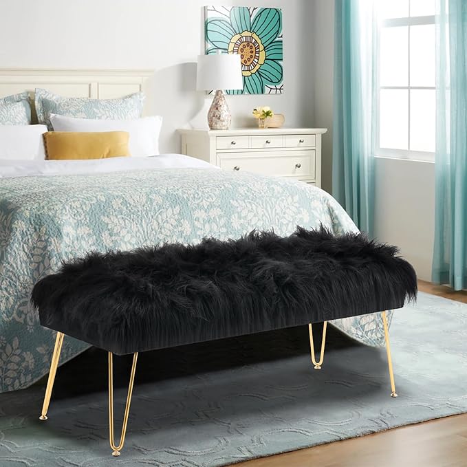 42.5 Inch Black Bedroom Bench, Benches for Bedroom White Faux Fur Upholstered Bed end Bench, Tufting Ottoman Bench Indoor Bench with Metal Legs for Living Room Bedroom Entryway, Black-PawvioPets