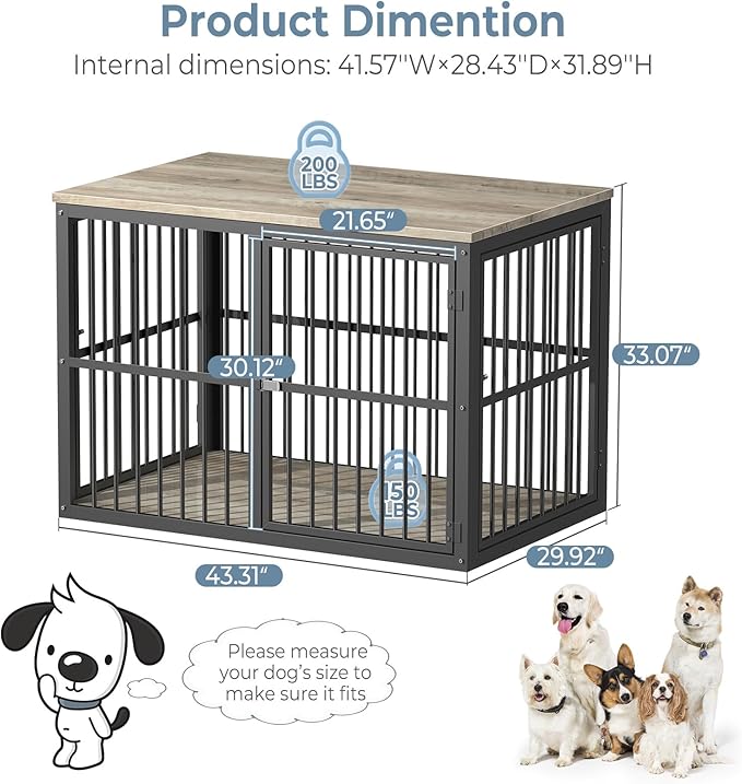 43'' Dog Crate Furniture with 3 Doors, XL Wooden Crate End Table, Heavy Duty Indoor Puppy Cage Kennel for Medium to Large Dogs, Multiple Units Can be Combined-PawvioPets