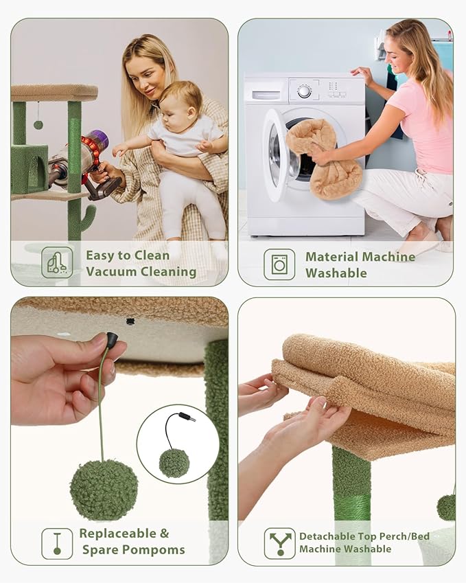 Cactus Cat Tree for Large Cats with Metal Plush Big Hammock, 56.3" Cat Tower for Indoor Cats with 2 Door Condo House, 6-Tier Cat Shelves with Scratching Posts and Large Top Perch,Green-PawvioPets