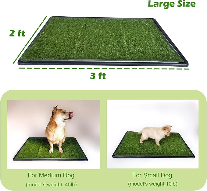 Dewonch Dog Artificial Grass Pad with Tray for Puppy Potty Training, Fake Turf Patch & Washable Pee Pad Pet Loo for Small and Medium Dogs, Indoor or Outdoor Use (Potty System 35.4” x 23.6”)-PawvioPets