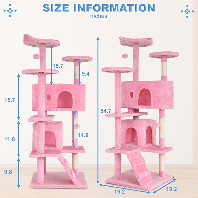 FDW Cat Tree 54in Cat Tower Multi-Level Durable Cat Scratching Post & Cozy Fun Cat Jumping Platform Space Saving Cat Condo Pet Play House for Indoor Cats,Pink-PawvioPets