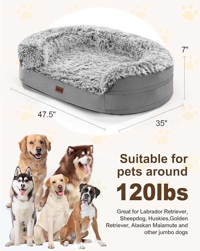 Dog Beds for Jumbo Dogs, 47.5"x35"x7.6", Removable and Washable Cover, Raised Reboundable Edges, Non Slip Bottom, Extra Big Size, Orthopedic Oval Memory Foam Pet Bedding, Indoor-PawvioPets