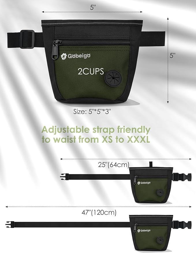 Gobeigo Dog Treat Pouch and Training Clicker, Upgrade Two Magnetic Closure to Prevent Spills, 2 Cup Treat Bag with Poop Bag Dispenser, Metal Clip Waist Belt Fanny Pack for Pet Walk (Black/Army Green)-PawvioPets
