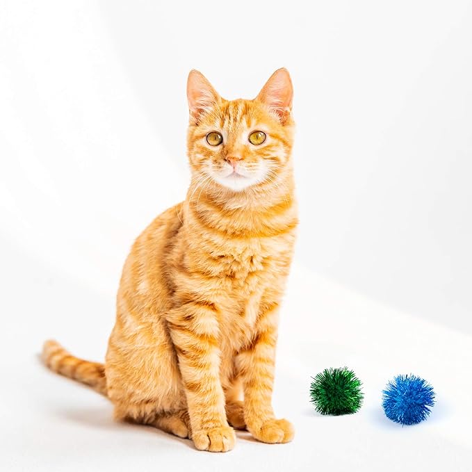 AUEAR, 12 Pack 2 Inch Sparkle Ball Shiny Glitter Tinsel Pom Poms Interactive Cat Balls for Kittens (6 Colors)-PawvioPets