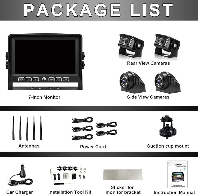 Fookoo HD 7" Wireless Backup Camera System, 1080P 7" Quad Split Screen Monitor, IP69 Waterproof Side Rear View Cameras, Parking Lines, Loop Recording, Digital Signal for RV/Trailer/Truck/Bus (DW7T4)-PawvioPets