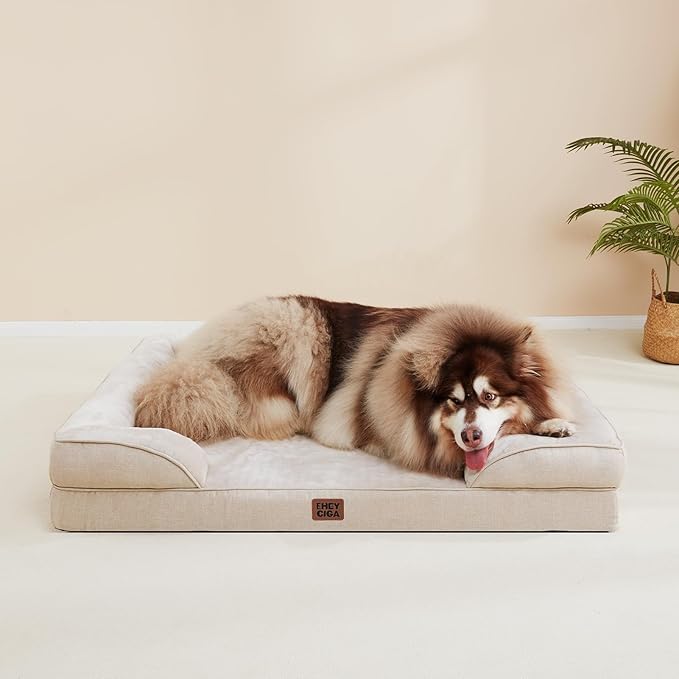 EHEYCIGA Orthopedic Dog Bed for Medium Dogs, Waterproof Memory Foam Medium Dog Beds with Sides, Non-Slip Bottom and Egg-Crate Foam Pet Couch Bed with Washable Removable Cover, Beige-PawvioPets