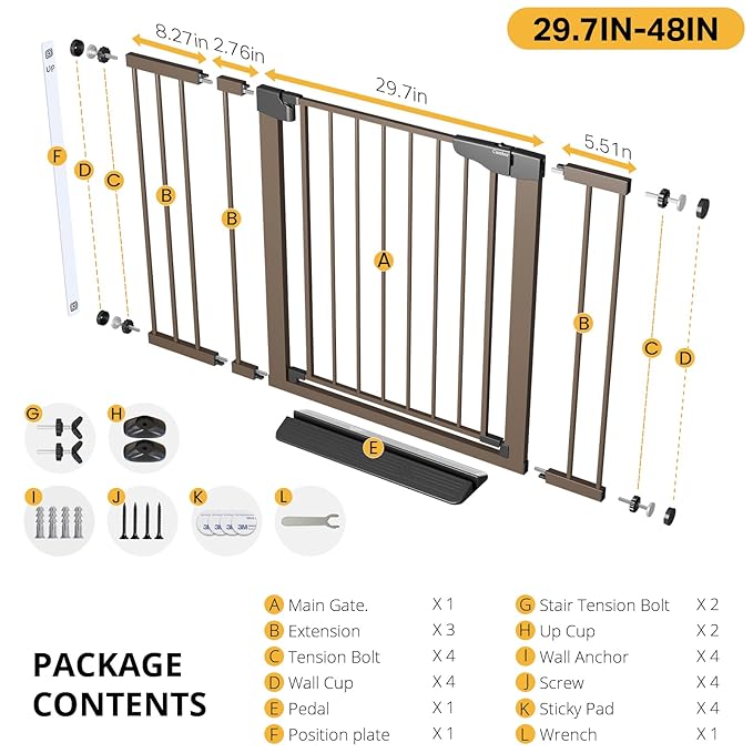 Cumbor 29.7-48" Baby Gate for Stairs, Mom's Choice Awards Winner-Dog Gate for Doorways, Auto Close Safety Pet Gate for Dogs Indoor, Easy Install Pressure Mounted Child Gate with Walk Thru Door, Brown-PawvioPets