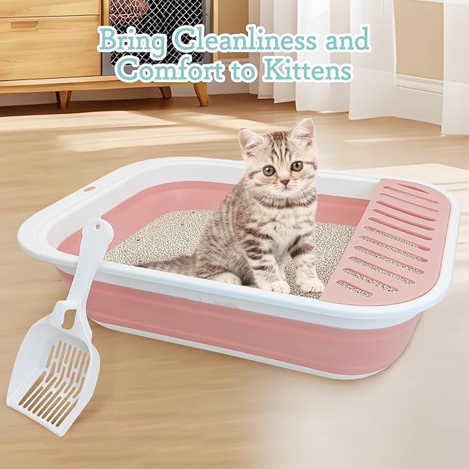 Fhiny Cat Litter Box Portable Shallow Litter Box 17.7"x13.4"x4.9" Foldable Cat Toilet with Scoop Open Kitty Potty Pan with Litter Drop Pedal Easy to Clean Travel Kitten Toilet(Pink)-PawvioPets