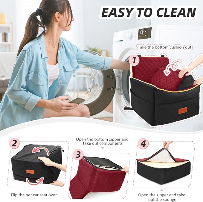 Dog Car Seat for Small Medium Dogs, Memory Foam Puppy Dog Booster Seat with Thick Cushion for Dogs Under 35lbs, Detachable Washable Pet Car Seat Travel Bed with Storage Pockets,2 Safety Belts-PawvioPets