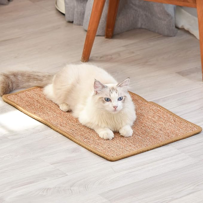 FUKUMARU Cat Scratcher Mat, 23.6 X 15.7 Inch Natural Sisal Cat Scratch Mats, Horizontal Cat Floor Scratching Pad Rug with Sticky Tapes, Protect Couch and Carpets-PawvioPets
