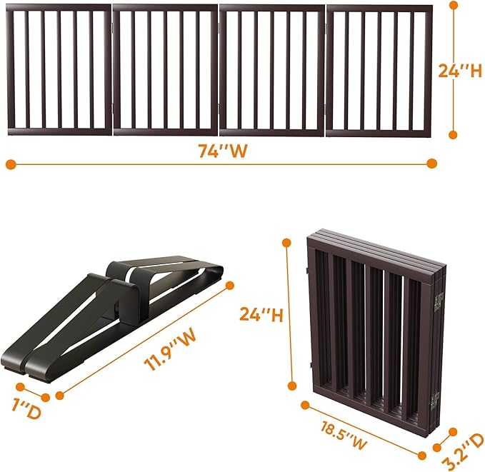 Freestanding Dog Gate Folding Brown Dog Gates for The House Doorways Stairs Pet Gates for Dogs, Doogie Puppy Fence Gate-PawvioPets