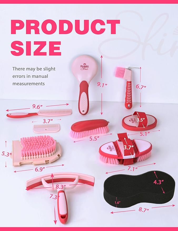11PCS Horse Grooming Kit Curry Comb Sweat Scraper Horse Bathing Supplies Grooming Tools with Storage Bag Pink Garnet-PawvioPets