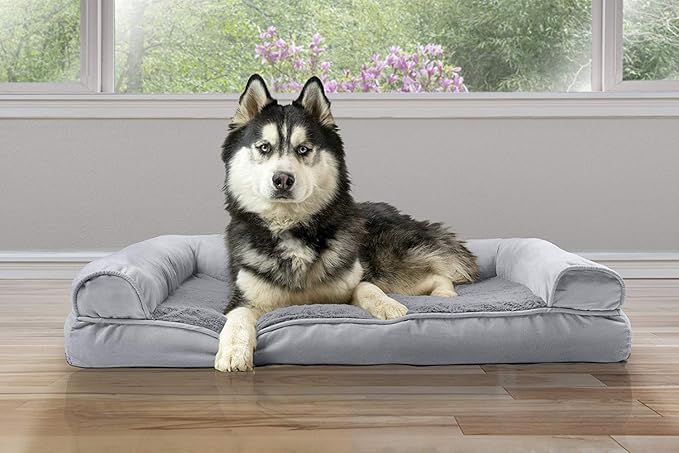 Furhaven Cooling Gel Dog Bed for Large Dogs w/ Removable Bolsters & Washable Cover, For Dogs Up to 95 lbs - Plush & Suede Sofa - Gray, Jumbo/XL-PawvioPets