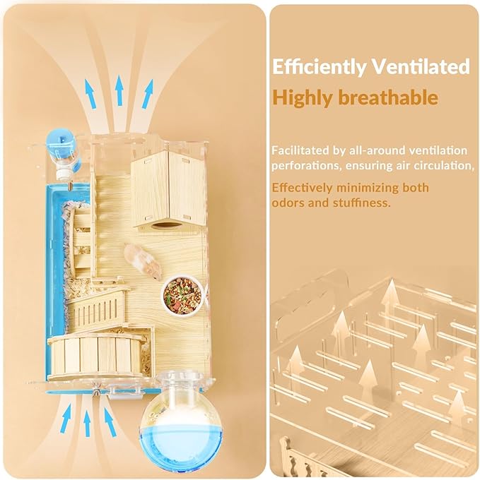 Cycodo 8 in 1 Acrylic Hamster Cage,2-Tier Dwarf Hamster Cage with Wooden Wheel & Hideout,Small Hamster Habitat with Accessories,Clear Pet Mice House(Blue,14" L*10" W*11" H)-PawvioPets