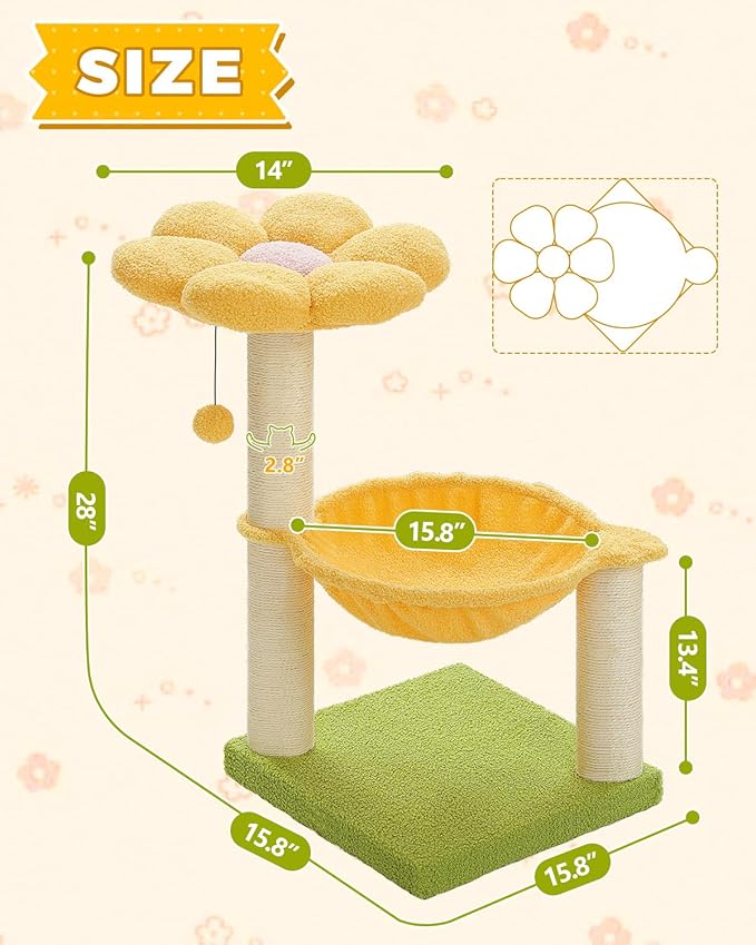 28" Flower Cat Tree Cute with Flower Top Perch, Large Hammock for Indoor Small Cats, Small Cat Tower with Cute Scratching Post and Fur Toy Ball for Kittens, Yellow-PawvioPets