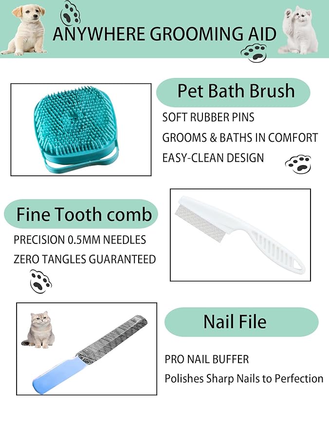 6ps Dog Cat Brush Grooming Kitf, Dog Cat Brushes, Bath Brush, Dematting Rake and Comb, Nail Clipper, Nail File, Flea Comb (Blue 6 Kits)-PawvioPets