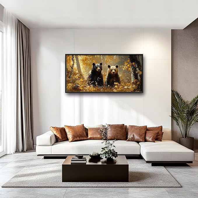 Large Forest Bear Wall Art for Living Room, Black Bear Autumn Canvas Oversized Wall Decor, Wildlife Framed Pictures Painting Print Artwork for Bedroom Office 60L" x 30W"-PawvioPets