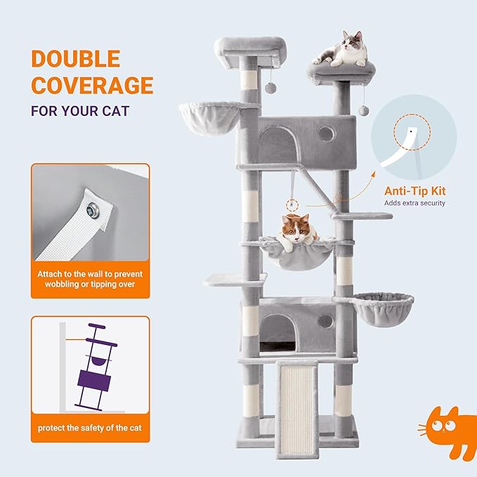 Allewie 81 Inches Tall Cat Tree/Multi-Level Large Climbing Tree House and Towers for Big Feline/Condo and Hammock/Scratching Post/Wide Base/Grey-PawvioPets