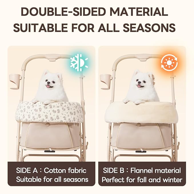 Dog Stroller Cushion & Mat, Pet Stroller Cushion for Dogs & Cats, 5-Level Waterproof & Removable Inner Core, Dog-Ergonomic 3-Zone Support, 4-inch Thickness (Flower Set)-PawvioPets