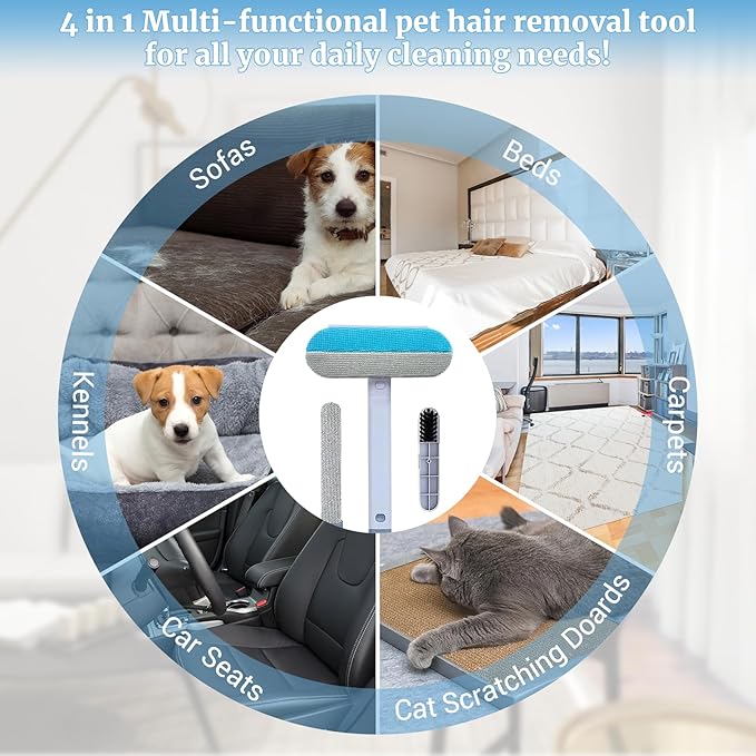4 in 1 Multifunctional Reusable Pet Hair Remover Brush,Dog & Cat Hair Remover Tool for Couch,Bedding & Carpet,Washable Fur Remover with Dual-Sided Cleaning Brush-PawvioPets