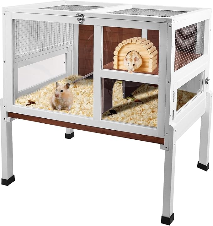 2-Story Guinea Pig Cage with Stand, Indoor Wooden Hamster Cage with Ramp, Pull-Out Tray, Hideout & Platform, Acrylic Transparent Small Animal Habitat for Chinchillas, Ferrets, Hedgehogs, Walnut-PawvioPets
