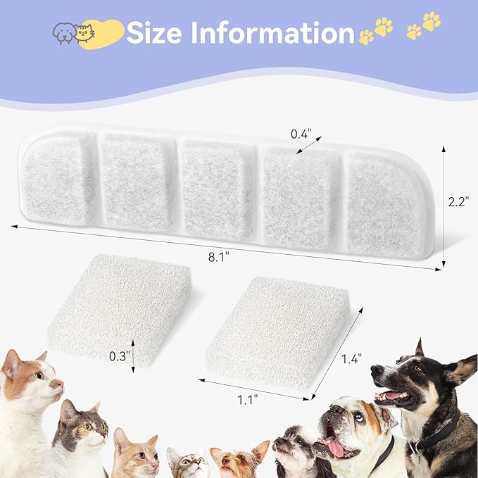 12 Pack Replacement Filter for SIBAYS & Kastty 355oz / 2.8Gal / 10.5L Large Dog Water Fountain, Coconut Shell Activated Carbon Pet Water Fountain Filters with 12 Pack Sponges-PawvioPets