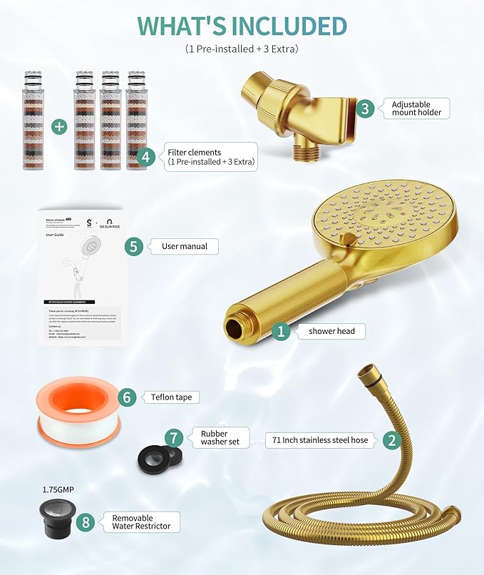 Filtered Shower Head with Handheld, High Pressure 9 Spray Mode Brushed Gold Showerhead with 4 Filters, Detachable Shower Head, Water Softener Filters Beads for Hard Water - Remove Chlorine-PawvioPets