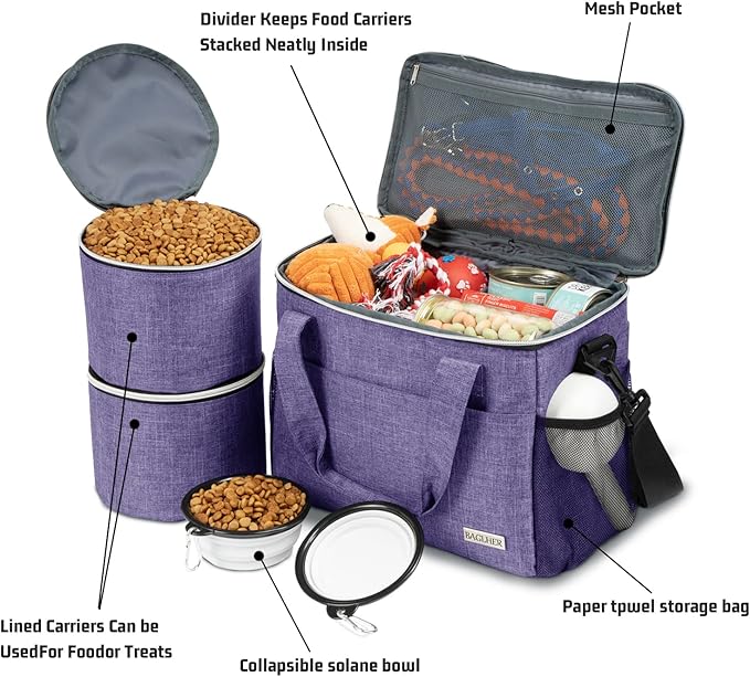 BAGLHER Dog Travel Bag Backpack Pet Supplies Backpack 5-Piece Set with Shoulder Strap 2 Lined Pet Food Containers 4 Foldable Feeding Bowls Essential Kit for Pet Travel-PawvioPets