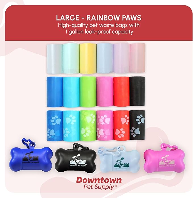Downtown Pet Supply Rainbow Paw Print Poop Bags (520 CT & 2 Dispensers) - Leak-Proof, Unscented, Clips to Dog Leashes & Harnesses-PawvioPets