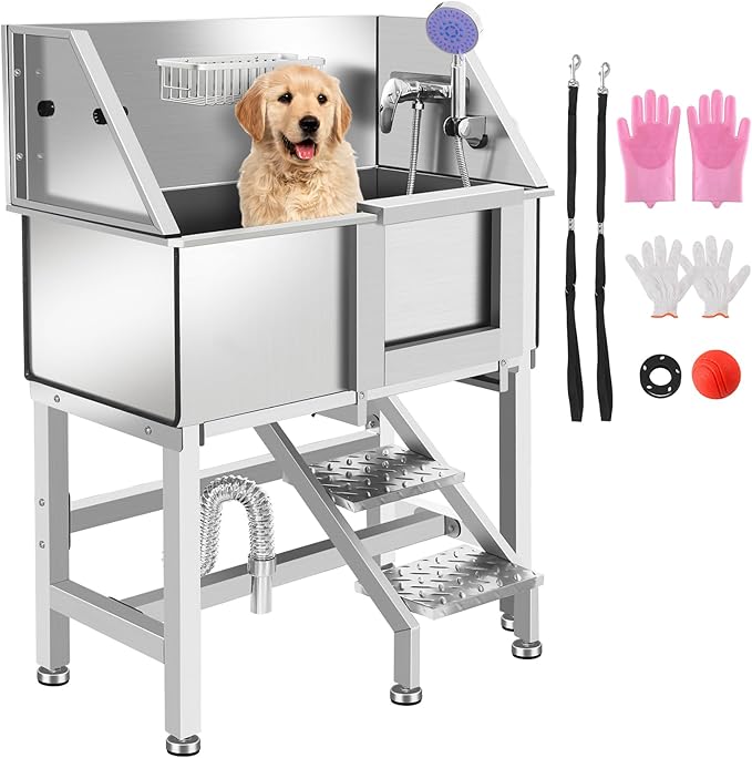 Dog Washing Station 38'' Stainless Steel Pet Grooming Tub for Large Dogs Over-Size Professional Dog Grooming Bathtub Station Wash Shower Sink Pet Grooming Bathtub Station-PawvioPets