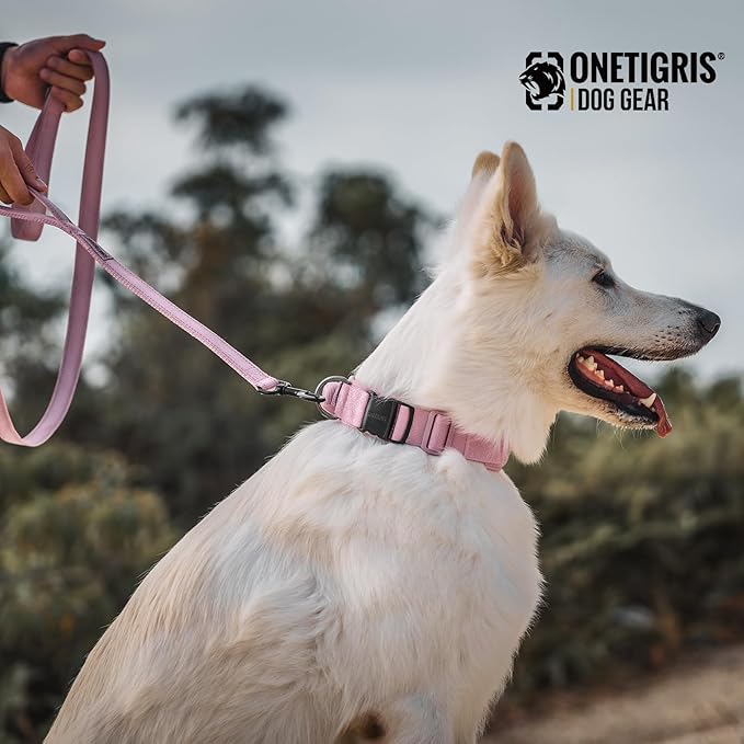 OneTigris Pink Dog Harness Leash Collar Set,Adjustable Dog Vest Harness for Walking Hiking Training(Medium)-PawvioPets