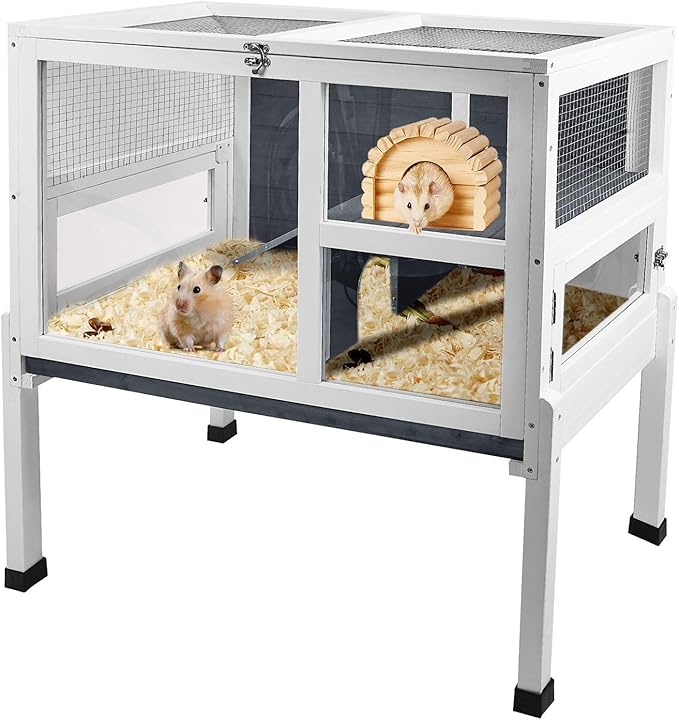 2-Story Guinea Pig Cage with Stand, Indoor Wooden Hamster Cage with Ramp, Pull-Out Tray, Hideout & Platform, Acrylic Transparent Small Animal Habitat for Chinchillas, Ferrets, Hedgehogs,Grey-PawvioPets