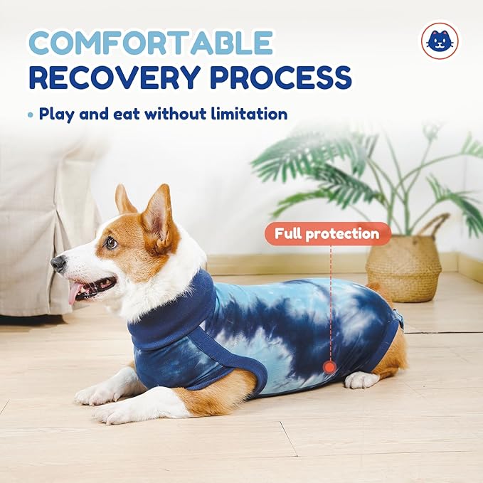 Breathable Dog Recovery Suit for Male/Female, Tie Dye Blue Dog Onesie for Abdominal Wounds, Cone E-Collar Alternative After Surgery to Anti-Licking, Professional Surgery Suit for Dogs-PawvioPets
