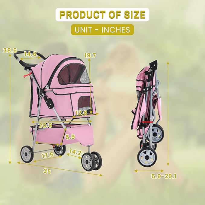 3-Wheels Pet Strolling Cart for Small Medium Dogs and Cats with Storage Basket,Holder, Foldable Pet Stroller with Waterproof Cover, Breathable Mesh for All-Season, Pink-PawvioPets
