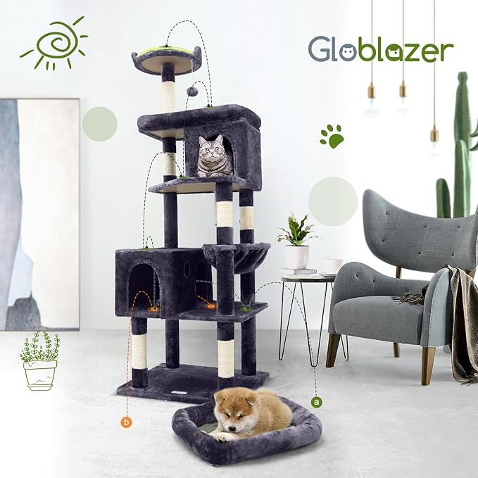 Globlazer Heavy Duty Cat Trees for Large Cats, Sturdy 72in Maine Coon Cat Tree for Large Cats 20 lbs+ Heavy Duty Cat Tower for Adult Biggest Cat with 6 Scratching Posts, Hammock, S72, Dark Gray-PawvioPets