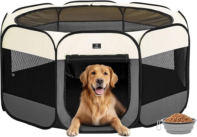 A4Pet Dog Playpen Indoor, 49” Portable Playpen with Bowl, Suitable for Puppies, Kittens, and Small Animals, Removable Zipper & Mesh Panel(16”W × 10”H)-PawvioPets