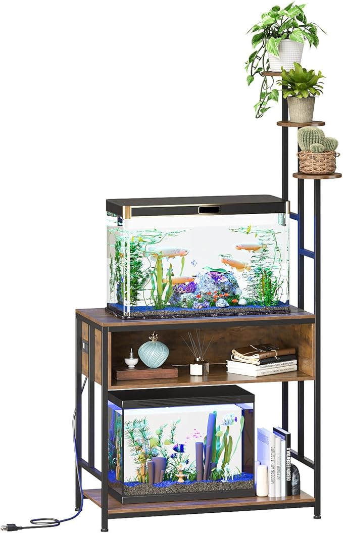 Aquarium Stand with Plant Shelves,20-Gallon Fish Tank Stand with 2-Tier Storage and Display Racks,Metal Frame Reptile Tank Table with Tall Plant Holders,Industrial Rack for Home,Office-PawvioPets