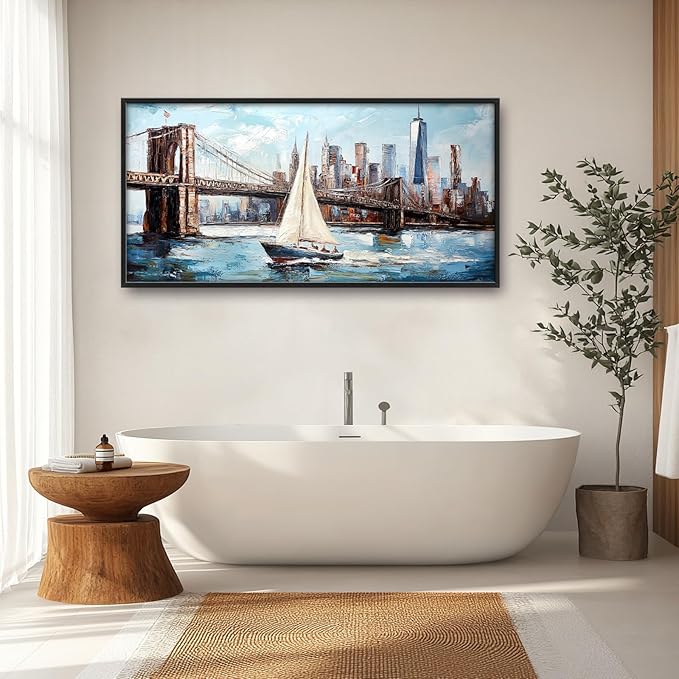 Extra Large Sailboat Framed Wall Art for Living Room,Oversized New York Brooklyn Bridge Pictures Wall Decor,Cityscape Canvas Print Painting Modern Artwork Bedroom Office Bathroom 60L" x 30W"-PawvioPets