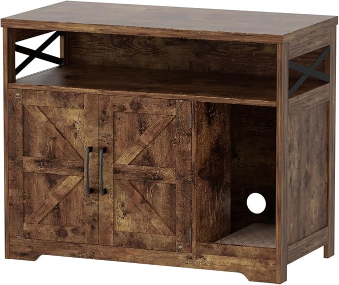 Cat Litter Box Enclosure, Hidden Litter Box Furniture with Scratch Pad, Farmhouse Indoor Cat House Washroom End Table, Rustic Brown-PawvioPets