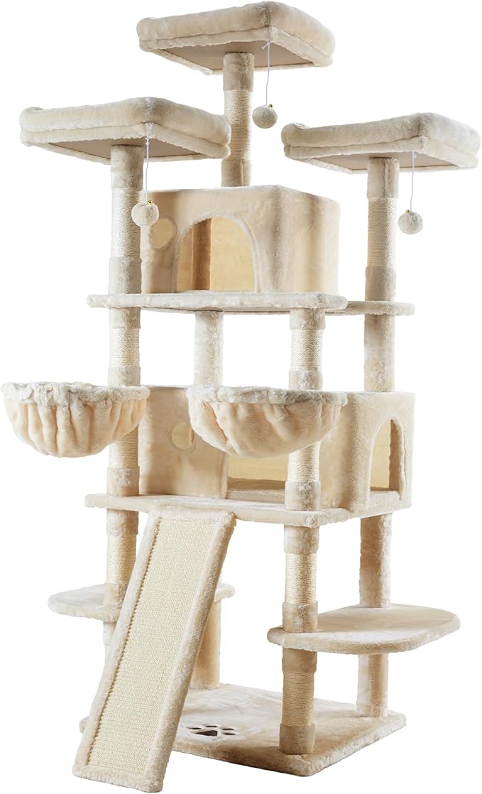 Allewie 68 Inches Cat Tree/House and Towers for Big Feline/Scratching Post/Multi-Level Large Kitty Climbing Tree with Condo/Beige-PawvioPets