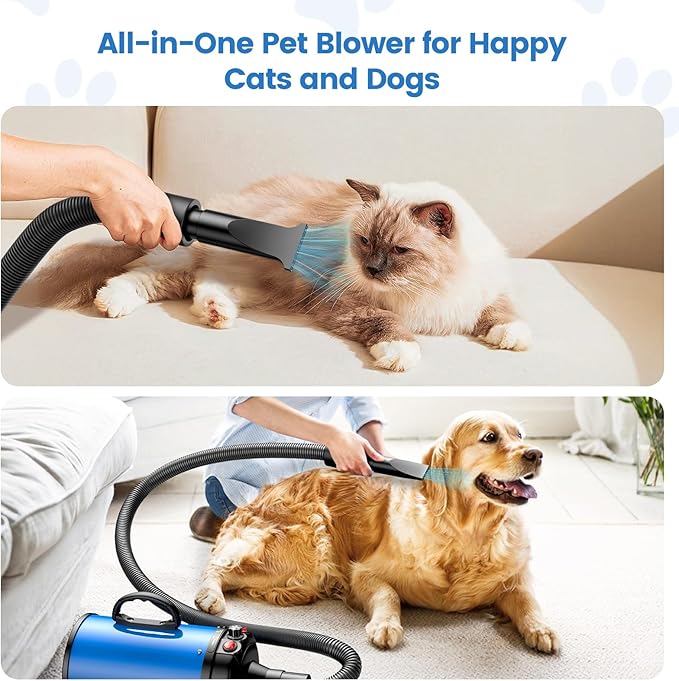 Dog Dryer, 5.2HP/3800W High Velocity Dog Hair Dryer with 4 Nozzles, Stepless Adjustable Speed & Temperature Control, Low Noise Professional Dog Grooming Dryer (Blue)-PawvioPets