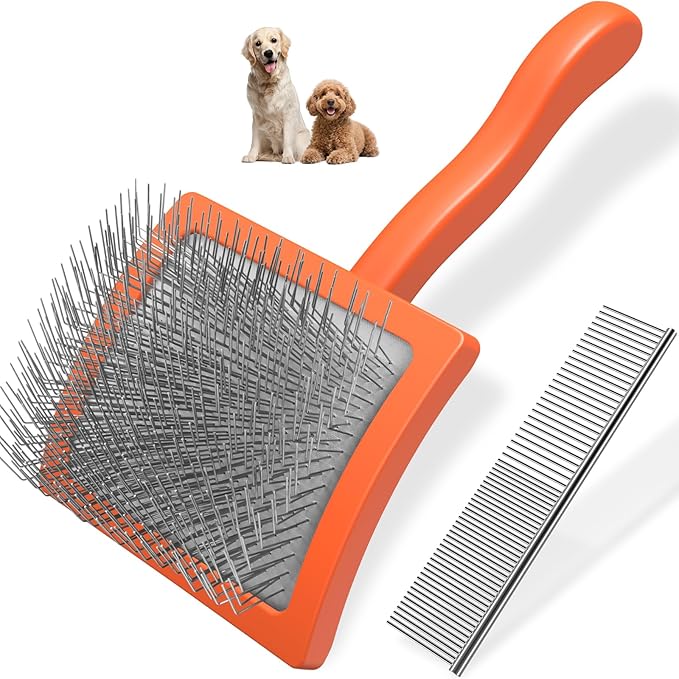 2PCS Slicker Brush for Dogs & Pet Comb,Professional Dog Grooming Brush (Goldendoodles,Poodles,Labradoodles) with Extra Long Pins to Effectively Remove Tangles, Knots and Mats (Orange)-PawvioPets