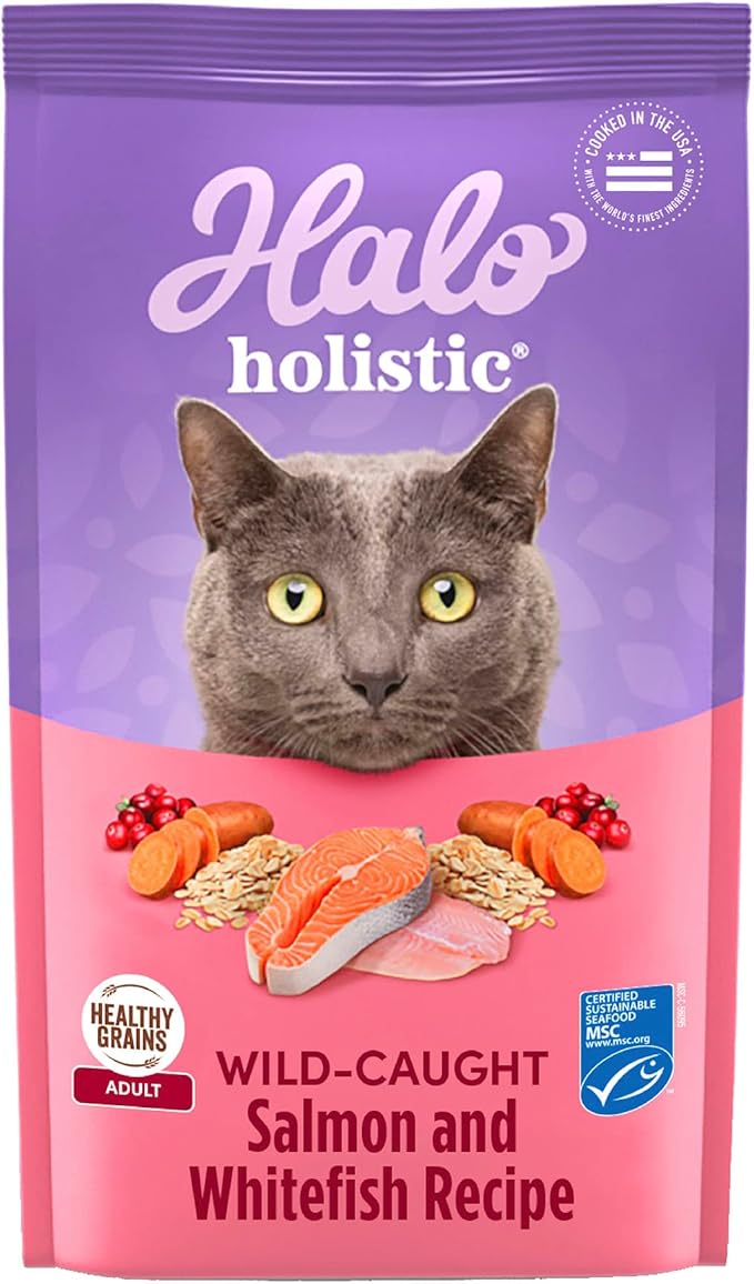 Halo Holistic Cat Food Wild Caught Salmon & Whitefish Formula, Healthy Grains Dry Cat Food, Complete Digestive Health, Kibble for Adult Cats, 10 lb Bag-PawvioPets